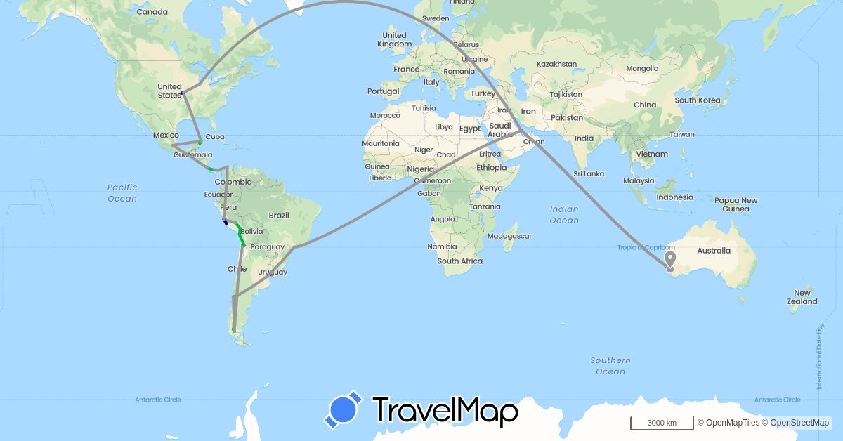 TravelMap itinerary: driving, bus, plane in Argentina, Australia, Brazil, Chile, Colombia, Costa Rica, Mexico, Panama, Peru, Qatar, United States (Asia, North America, Oceania, South America)