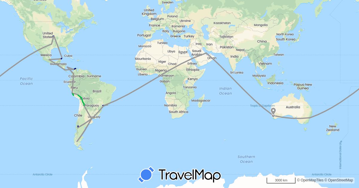 TravelMap itinerary: driving, bus, plane, hiking, motorbike in Argentina, Australia, Bolivia, Brazil, Colombia, Costa Rica, Mexico, Peru, Qatar, United States (Asia, North America, Oceania, South America)